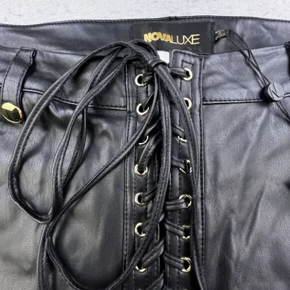 NovaLuxe Faux Vegan Leather Pants Women’s Size Large Black Flare Leg Lace Up NEW - Picture 3 of 11
